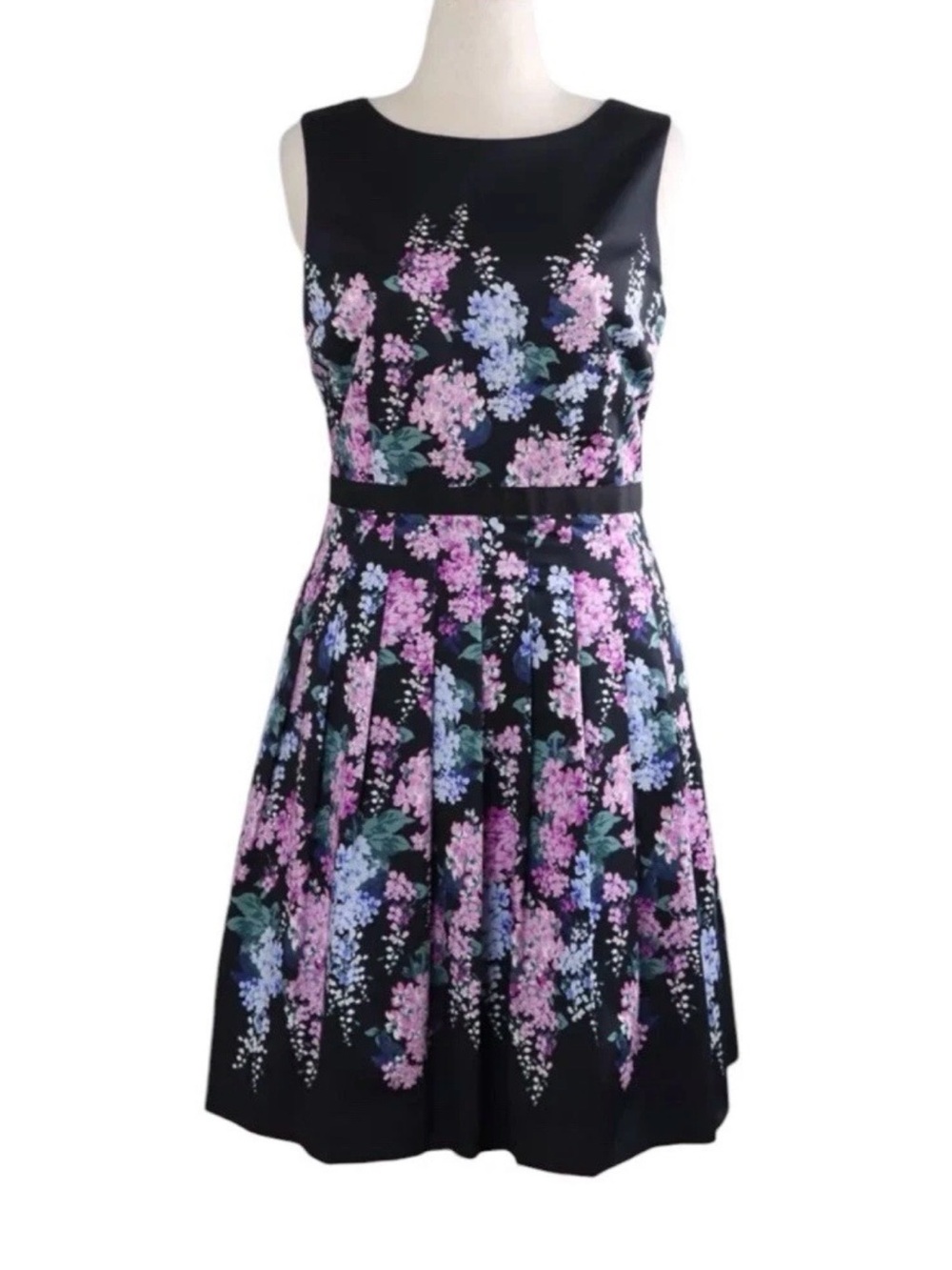 TALBOTS RSVP $149 Floral Black  Pleated Lined Cotton A-Line Dress Size 2